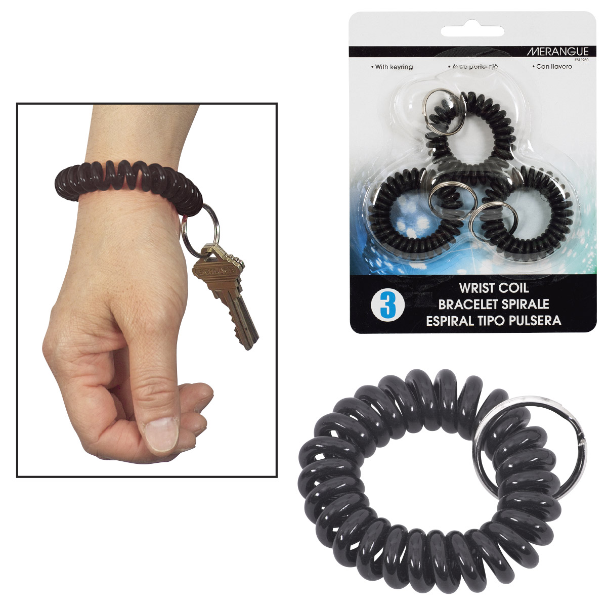 Merangue Black Wrist Coil Key Chains - 3 Pack - Image 1